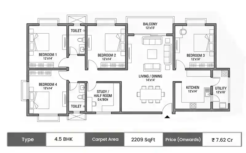 Lodha Acenza 4.5 BHK floor plan, 2209 sq ft carpet area