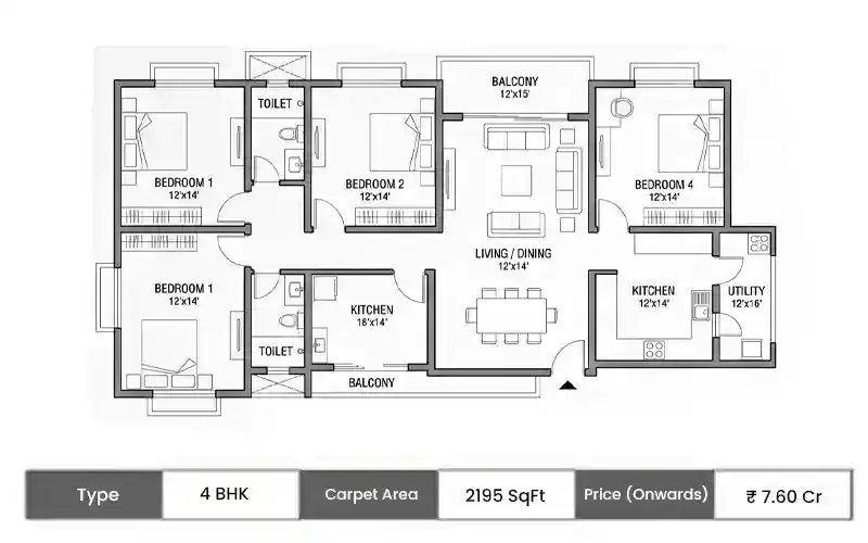 Lodha Acenza 4 BHK floor plan, 2195 sq ft carpet area